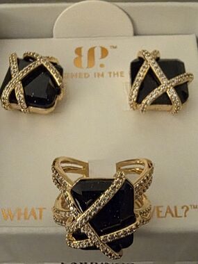 BP Be Untamed Gold & Black Crisscross Ring and Earring Set
